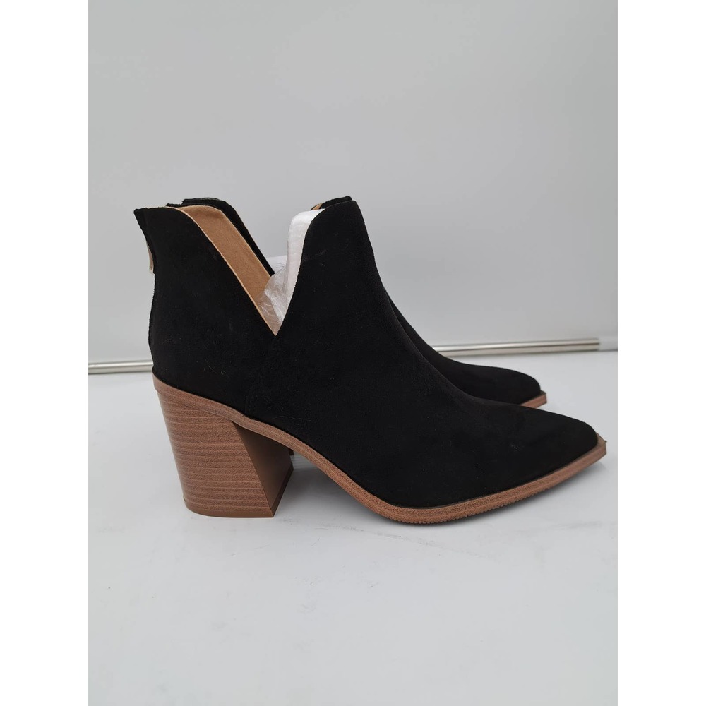 Faux Black Suede back zipper wood stacked block heel pointy toe boots 9.5